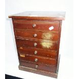 A LATE VICTORIAN STAINED PINE COLLECTOR'S CHEST OF SIX DRAWERS, 42 cm high x 31.5 cm wide