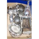 A BRASS HORSE AND CART, pewter tankards, plated cutlery and similar metalware