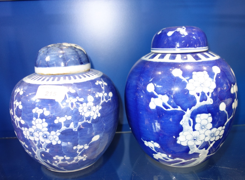 A CHINESE BLUE AND WHITE PRUNUS GINGER JAR, 21 cm high and another similar (2)