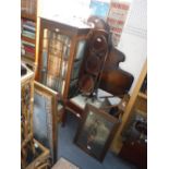 AN EDWARDIAN MAHOGANY TRAY with fan inlay, a piano stool, china cabinet and other items