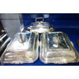 A PAIR OF SILVER PLATED SERVING DISHES and another similar (3)