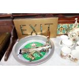 TWO VINTAGE "EXIT" SIGNS a Heineken tray and a "Rapid" wine bottle opener