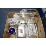 A PAIR OF SILVER PLATED SERVING DISHES. trays, a cruet set and similar plates items