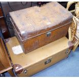 A VINTAGE TRUNK with leather corners and a Vintage tin trunk