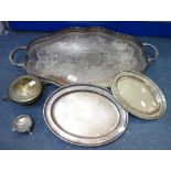 A SILVER PLATED TRAY, similar plate and a silver salt