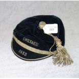 A VELVET SPORTING CAP, 'G.W.R.S.&E.U. 1933' with silver tassel