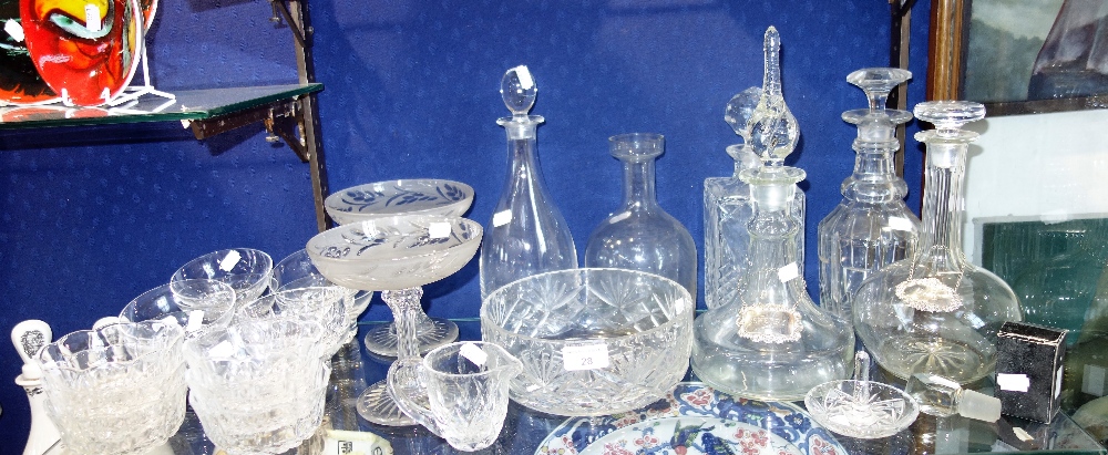 A PAIR OF 19TH CENTURY CUT AND FROSTED GLASS COMPORTS, decanters and similar glassware