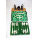 A SET OF SIX SILVER PLATED SPOONS AND TONGS, in a fitted presentation case and a collection of