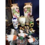 A PAIR OF EDWARDIAN CREAM AND FLORAL DECORATED VASES, a collection of Wade whimsies, ceramics and