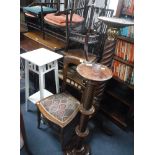 A MAHOGANY TORCHERE with spiral column, another similar an occasional table and a bedroom chair