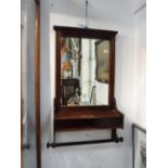 AN EDWARDIAN MAHOGANY HANGING DRESSING ROOM/BATHROOM MIRROR with brush compartment and towel rail,