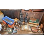 A SCRATCH BUILT MODEL HAY WAIN, a pair of Edwardian spelter figures, a folding ruler and sundries