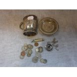 A SILVER CHRISTENING MUG and a collection of sundries