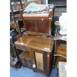 AN EDWARDIAN POT CUPBOARD, another similar, an oak hall stand, a mahogany piano stool and a tapestry