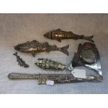 A WHITE METAL ARTICULATED FISH with hinged head and a collection of sundries