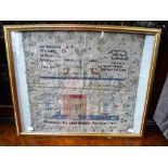 A 19TH CENTURY SAMPLER, signed "Henrietta Sue, aged 10 Feb 28 Gibraltar 1851", 44 cm high (framed)