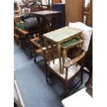 AN EDWARDIAN MAHOGANY NEST OF THREE TABLES, a trolley with cabriole legs, an Arts and Crafts style