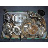 A PAIR OF SILVER PLATED BOTTLE STANDS, serving dishes, teawares and similar plate