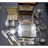 A 1930S WALNUT CASED SET OF PLATED CUTLERY, a plated tray and similar plate