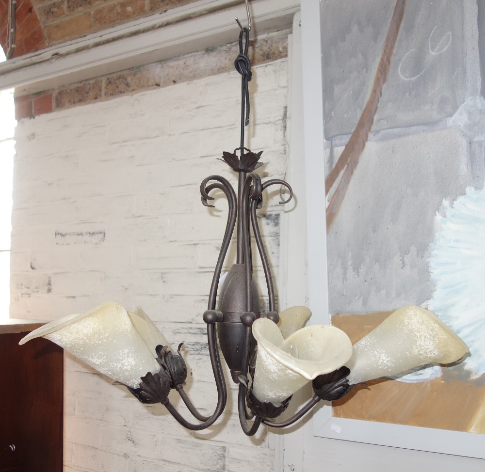 A BRASS AND ONYX STANDARD LAMP and a wrought-iron five branch chandelier with glass shades (2) - Image 2 of 2