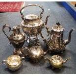 A VICTORIAN SILVER PLATED KETTLE ON STAND and similar plated wares