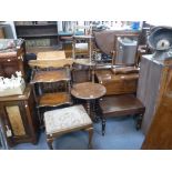 A VICTORIAN WHATNOT, 51 cms wide, a George I style walnut stool with needlework seat, and other