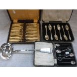 A SET OF SIX SILVER COFFEE SPOONS in fitted presentation case and a collection of plated cutlery