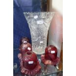 A SET OF FOUR "CRANBERRY" ELECTRIC LIGHT SHADES and a large cut glass vase