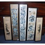 THREE CHINESE EMBROIDERED SILK panels and two Japanese pictures