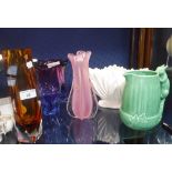 A PINK MURANO GLASS VASE, two similar, a green Sylvac squirrel jug and a similar vase (5)