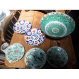 FOUR IMARI PLATES, a large Chinese bowl and three Oriental Celadon plates