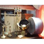 A VICTORIAN BRASS HELMET COAL SCUTTLE, similar metalware and a Vintage hat box