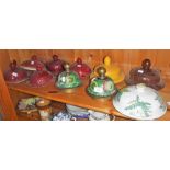 A PAIR OF CLOISONNE GREEN ENAMEL JAR/VASE LIDS and similar glazed pottery lids