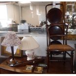 A VICTORIAN CHILD'S CHAIR with cane seat, an Edwardian folding cake stand, table lamps and sundries