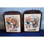 A PAIR OF VICTORIAN NEEDLEWORKS depicting floral displays, in original mahogany frames, 38 cm high