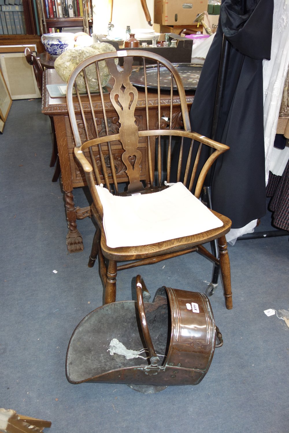 A HOOP-BACK WINDSOR ARMCHAIR and a copper coal scuttle