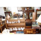 A FOOTSTOOL, upholstered in kelim, an Edwardian folding table, a teak bookcase, and other small