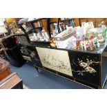 A KITSCH 1950'S SIDEBOARD, decorated in cream and black with chinoiserie decoration, a matching