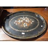 A LARGE VICTORIAN PAPIER MACHE TRAY with mother of pearl inlay, 75 cm wide