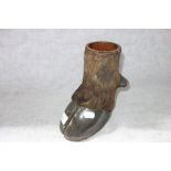 TAXIDERMY; A LARGE ANIMAL HOOF with inset wooden pot, 20 cm high