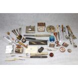 A WHITE METAL EVENING PURSE, and a collection of sundries