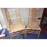 A FAUX BAMBOO ARMCHAIR with a cane seat and a matching standard chair (2)