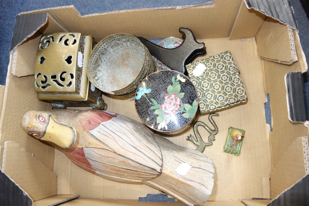 AN ORIENTAL BRASS LIDDED CENSER, a cloisonne box and similar oriental items