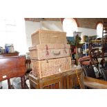 THREE VINTAGE WICKER PICNIC HAMPERS, a fishing rod, a folding stool and a folding chair (as lotted)