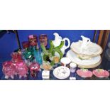 A COLLECTION OF CRANBERRY GLASS, similar glassware, A Royal Worcester cream ware jug, Worcester