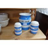 CORNISH WARE; A VINTAGE FLOUR SIFTER, salt shaker and "Lump Sugar" storage jar (no lid) (3)