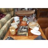 A COLLECTION OF VINTAGE KITCHENALIA, to include wooden bread boards, a miniature iron, Baby scales