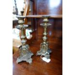 A PAIR OF VICTORIAN BRASS CANDLESTICKS, 25 cm high