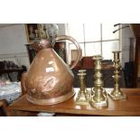 A 19TH CENTURY COPPER "2 GALLON" SACK MEASURE and a collection of brass candlesticks
