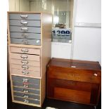 A VINTAGE MAHOGANY TOOL BOX, with fitted interior drawers and three stationary drawer cabinets